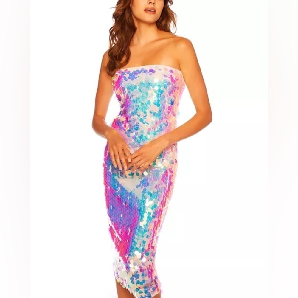 Susana Monaco Strapless Sequin Midi Dress in Pink and Blue Iridescent